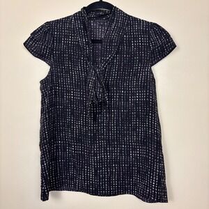 THEORY Womens Jovita Blouse Top Size Medium 100% Silk Tie Short Sleeve Gridline